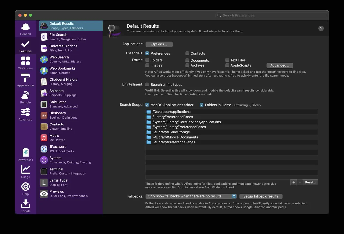 Alfred default results with setup fallback results button